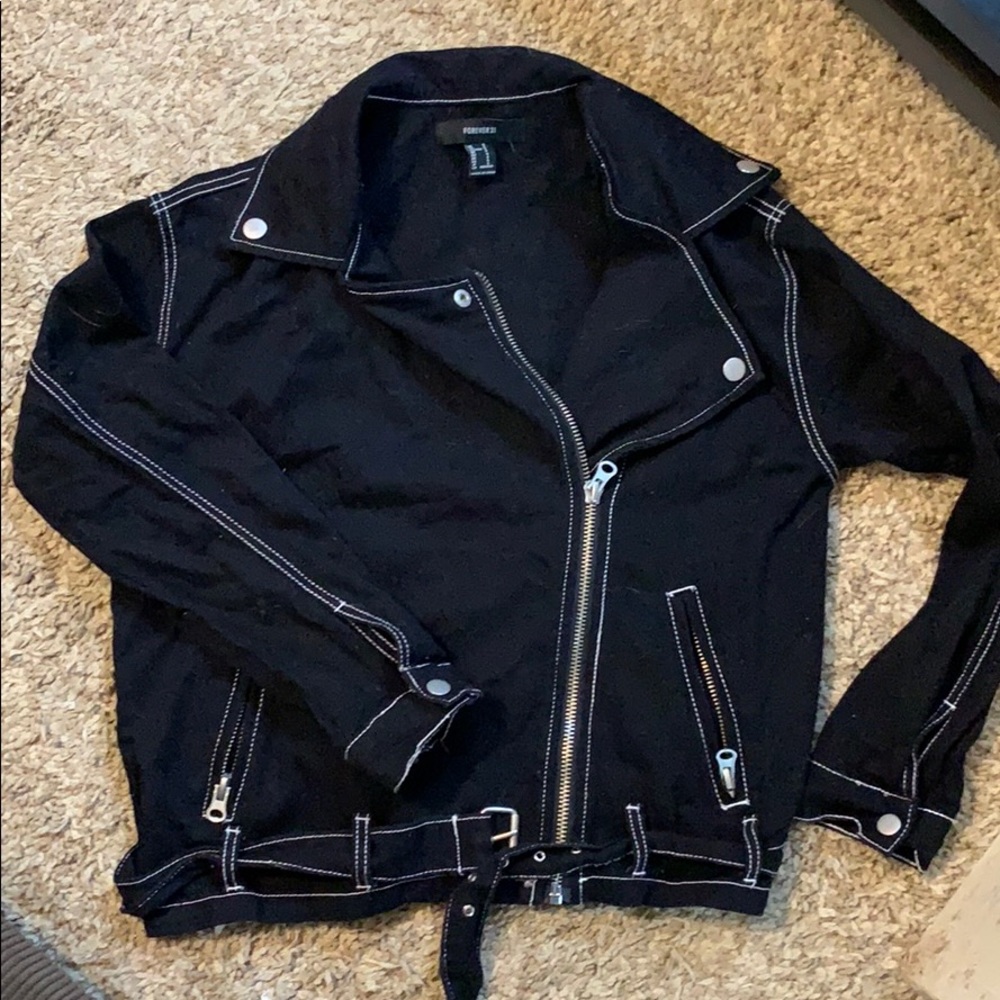 Jean moto jacket with buckle
